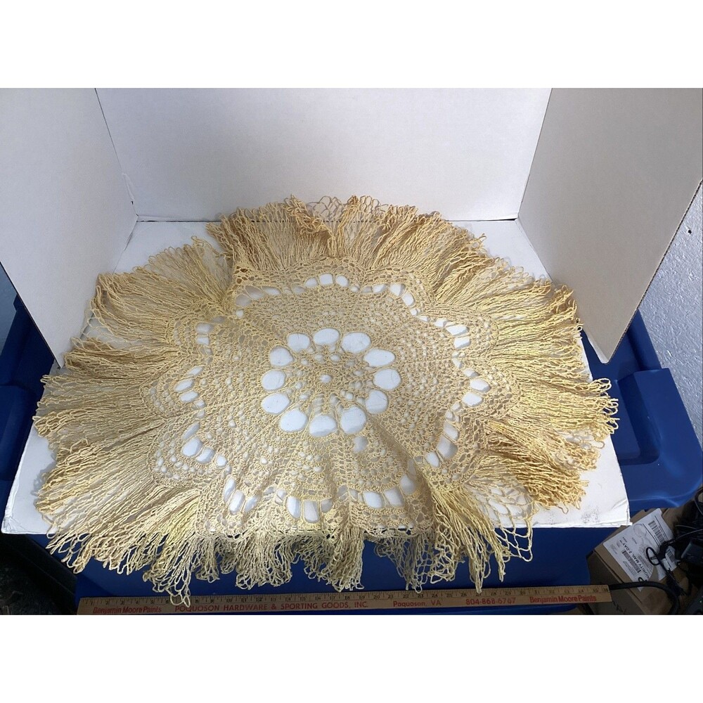vintage hand crocheted doily yellow geometric pattern shabby chic 30” diameter